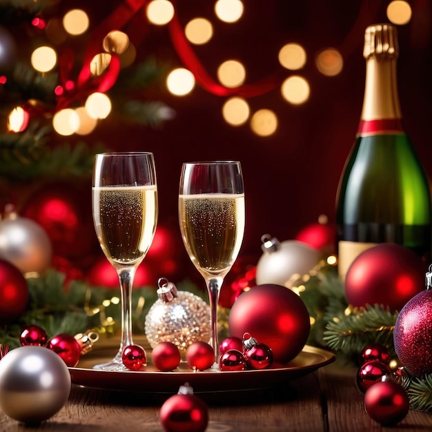 party table with champagne and christmas ornaments