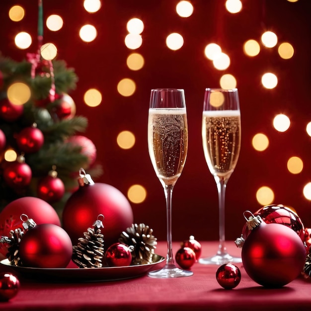 party table with champagne and christmas ornaments