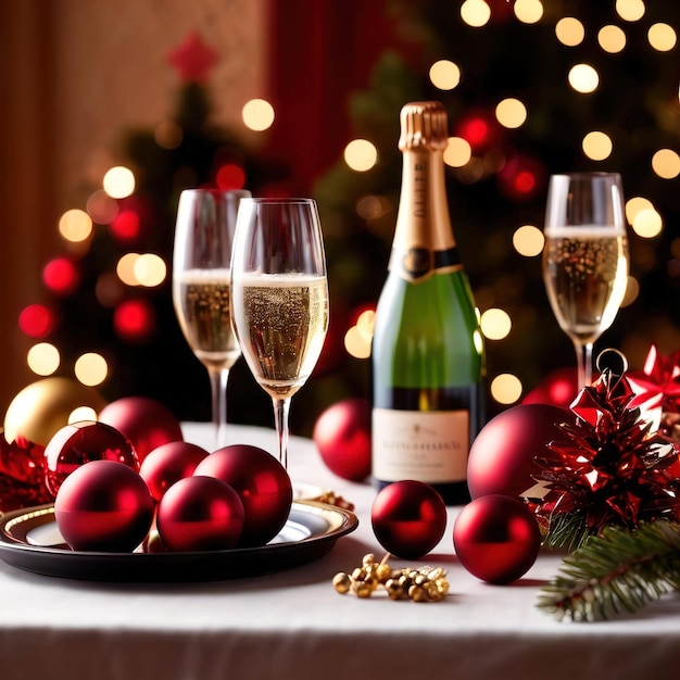 party table with champagne and christmas ornaments