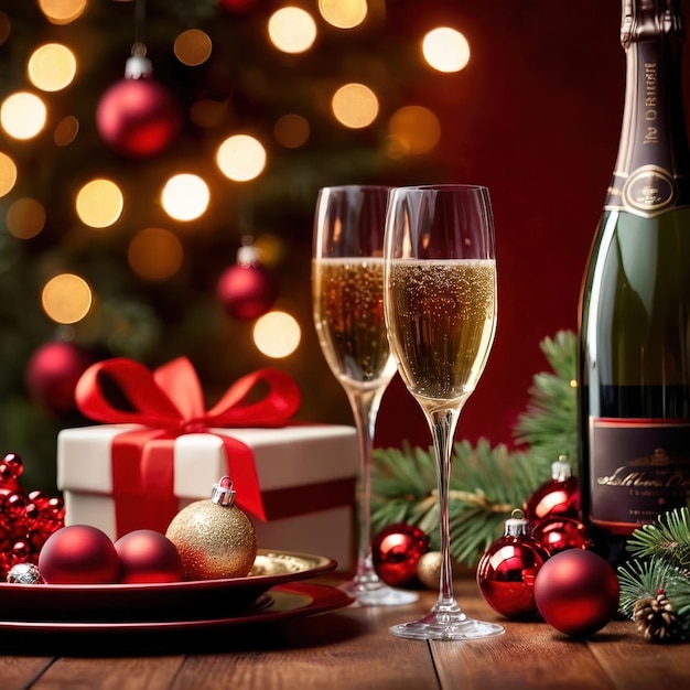 party table with champagne and christmas ornaments