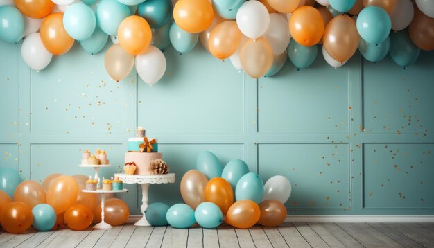 A party on a table with various balloons and decorations