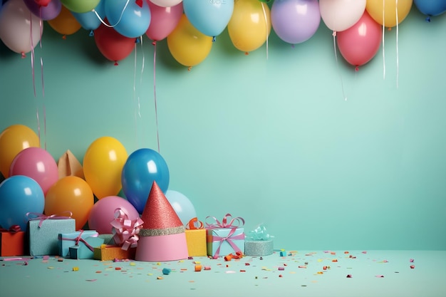 A party with balloons and a birthday hat on the floor