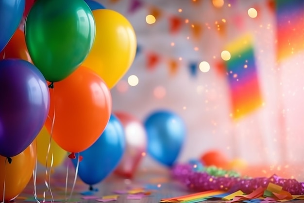 A party with balloons and a rainbow flag