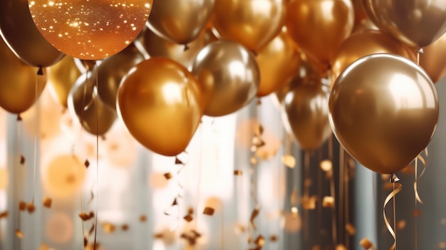 A party with gold and gold balloons and confetti