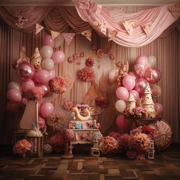 A party with a pink curtain and a cake and a banner that says princess on it.