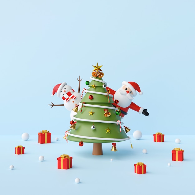 Party with Santa Claus, snowman and Christmas tree on a blue background, 3d rendering