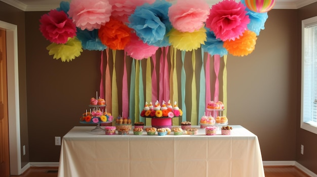 Вечеринка со столом, покрытым разноцветными бумажными цветами, и столом с пирожными и кексами.