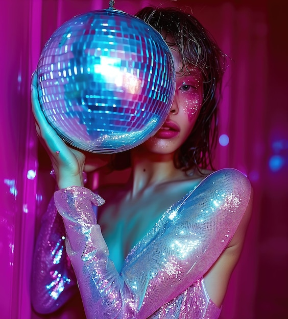 Party woman with pink face is covered in fluids holding shiny disco ball party glitter dress in the style of futuristic scifi aesthetic ai generated yperrealistic portraits aurorapunk style