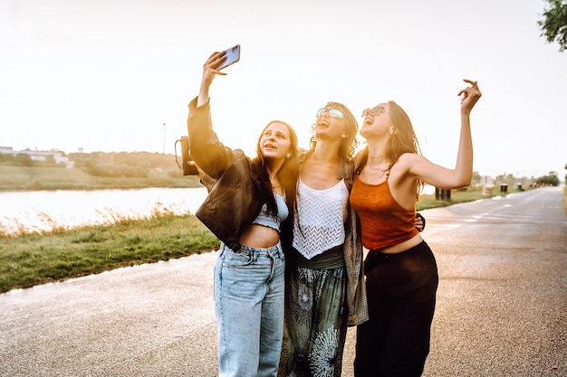 Party young happy girls in nature