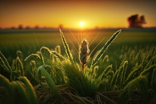 Pas opgekomen zaailingen van gerst of tarwe begroeten de rijzende zon boven een landbouwveld