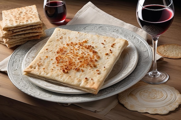 Foto paschaviering matzah brood en wijn generatieve ai