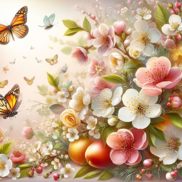 Pasen-achtergrond met Lentebloemen en vlinder