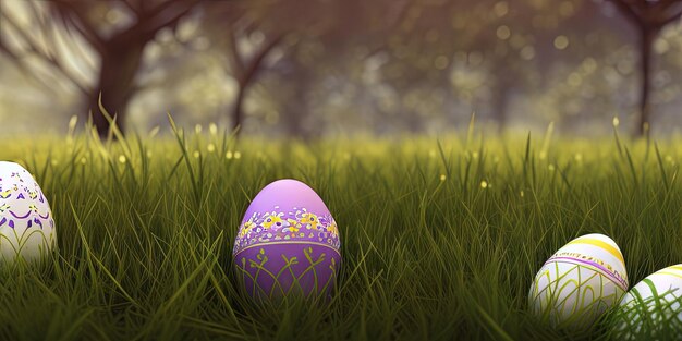 Pasen-achtergrond met versierde Pasen op een groene weide in het lenteseizoen Concept voor paasvakantiebanner