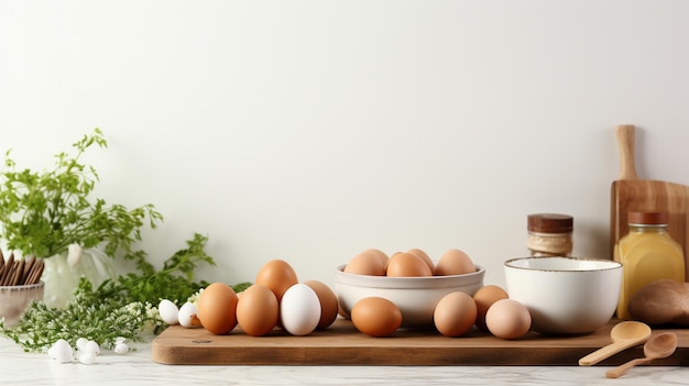 Pasen bakachtergrond met eieren en keukengerei op houten tafel Hoge kwaliteit foto