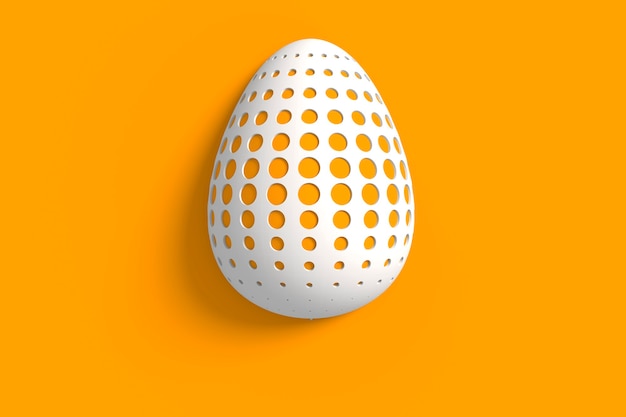 Pasen-concept. Een enkel wit ei met geometrische originele gesneden veranderende patronen op het oppervlak op een oranje achtergrond. 3d illustratie
