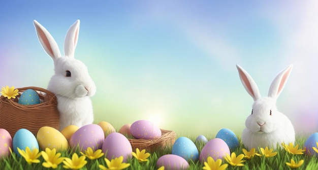 Pasen-de lenteweide van het konijn met kleurrijke eieren in een mand en bloemen Generatieve AI