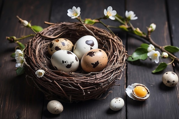 Pasen donkere rustieke stilleven kaart met kwartel eieren in nest en bloeiende kersen tak Donkere houten achtergrond Pasen vakantie tijd Kopieer ruimte