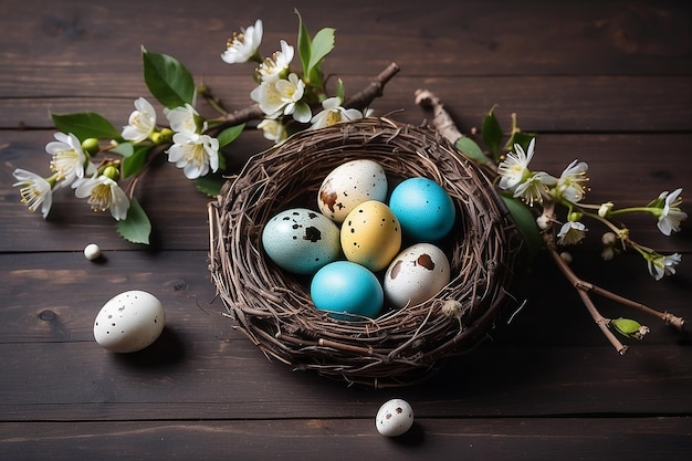 Pasen donkere rustieke stilleven kaart met kwartel eieren in nest en bloeiende kersen tak Donkere houten achtergrond Pasen vakantie tijd Kopieer ruimte
