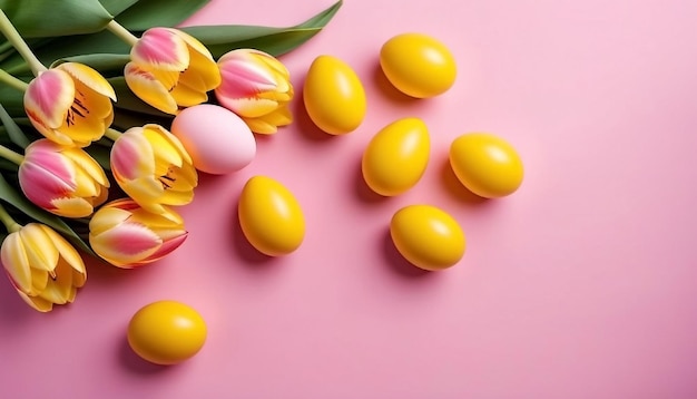 Foto pasen eieren en tulpen op roze achtergrond gelukkige pasen sjabloon banner ai gegenereerd