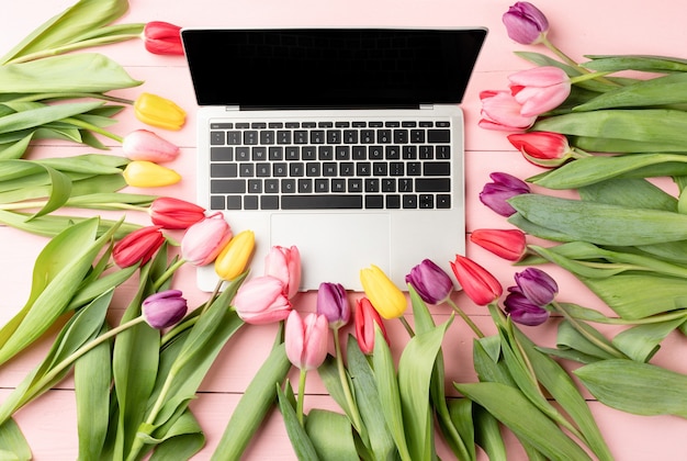 Pasen en lente concept. Bovenaanzicht van laptopcomputer versierd met tulp bloemen op roze houten achtergrond