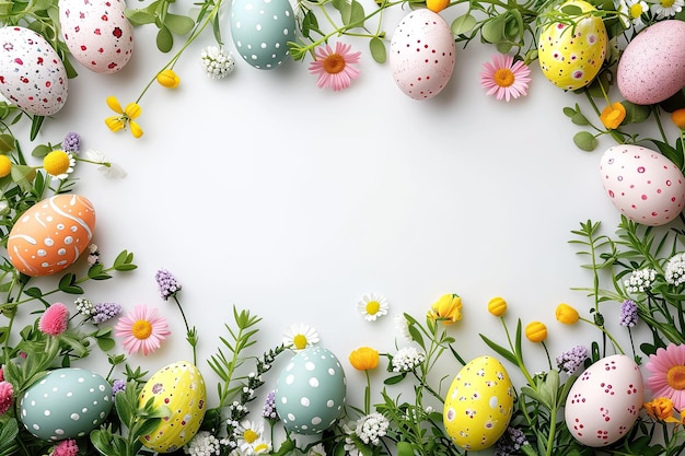 Pasen frame achtergrond met gekleurde eieren en Lentebloemen op wit