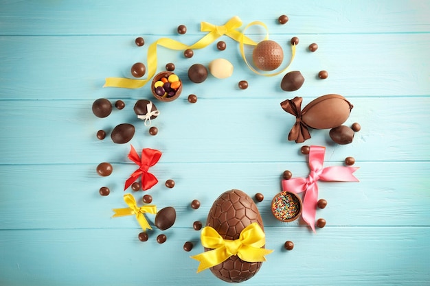 Pasen frame met chocolade snoepjes op een houten achtergrond kleur