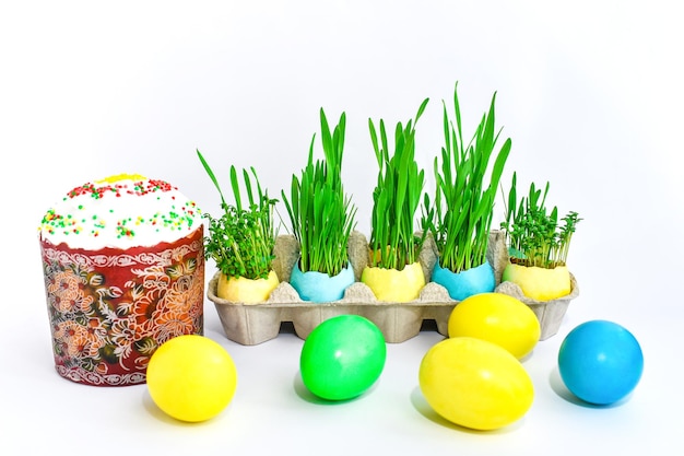 Pasen Geel en blauw beschilderde eieren met jonge groene tarwekiemen en paascake Ansichtkaartbasis