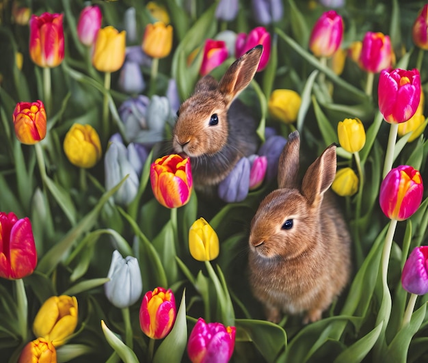 Pasen-konijnen met mand en bloemen op grasclose-up