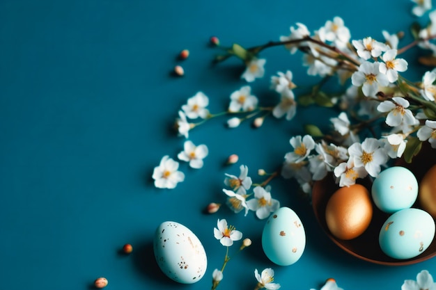 pasen op blauwe achtergrond met witte bloemen en kleurrijke paaseieren