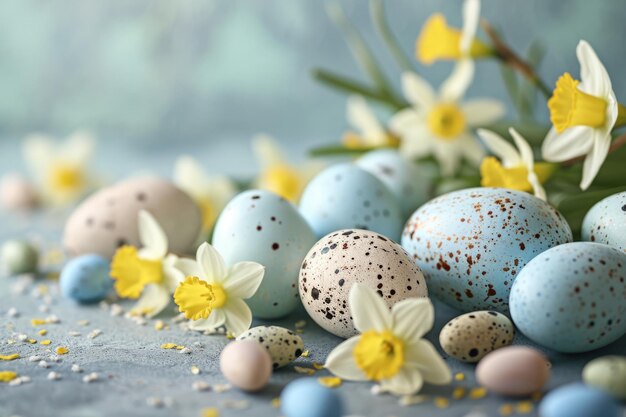 Pasen pastel achtergrond met kleurrijke paaseieren en narcissen