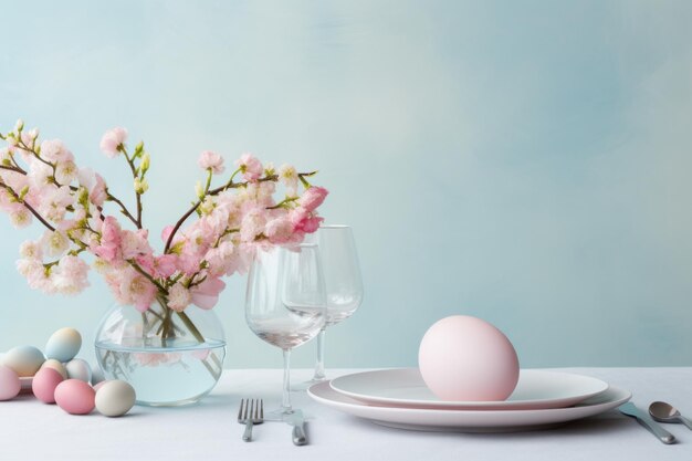 Pasen tafel inrichting met roze eieren lente bloesem bloemen Generatieve AI