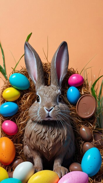 Foto pasen template design met konijnen en chocolade eieren space text voor social media