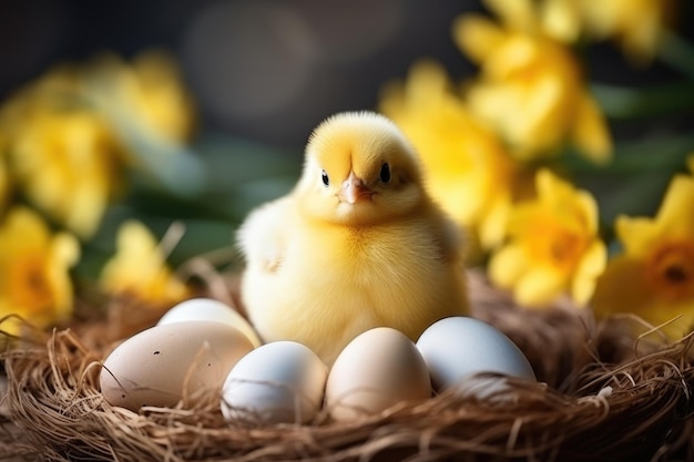 Pasen voorjaars tafel decoratie eieren in nest verse gele tulpen ai gegenereerd.