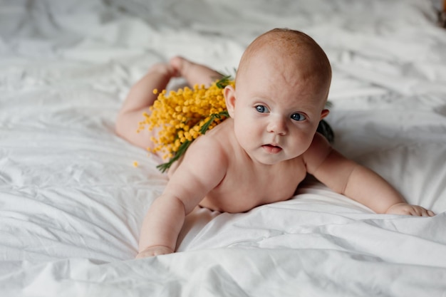 Pasgeboren baby bedekt met een takje mimosa ligt op zijn buik op een wit bed