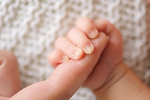 Pasgeboren baby die de ouder vasthoudt bij de macrofoto van de baby