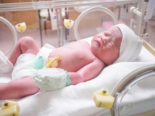 Pasgeboren baby in de couveuse van het ziekenhuis