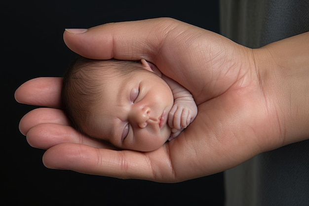 Foto pasgeboren baby slaapt in de hand van de moeder op een donkere achtergrond close-up ai gegenereerd