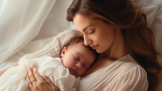 pasgeboren baby slaapt met moeder op een witte achtergrond