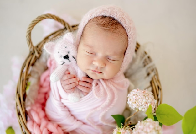 Pasgeboren babymeisje met gebreid kattenspeelgoed en slapend ingebakerd in stof in mand versierd met bloemen. Zuigeling vrouwelijk kind kind dutten roze kleur studio portret close-up