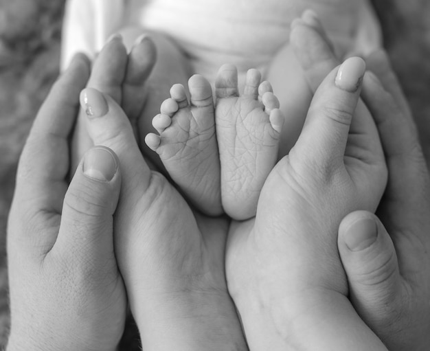 Pasgeboren babyvoeten in handen van de ouders