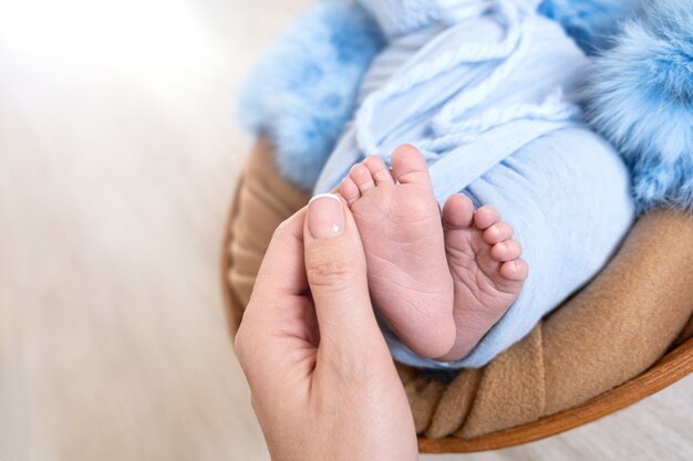 Pasgeboren babyvoeten in handen