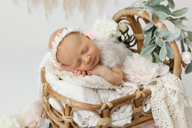 pasgeboren meisje in een mand versierd met bloemen op een witte achtergrond liefde voor kinderen pasgeboren