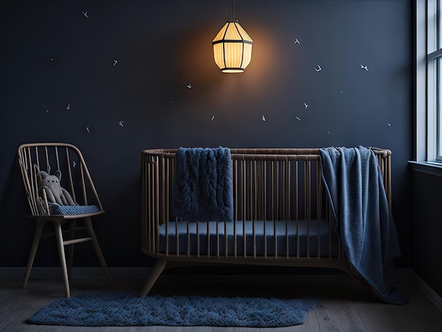Pasgeboren slaapkamer met houten wiegstoel ai generatief