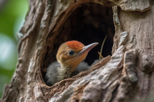 Pasgeboren vogel die uit het nest gluurt op zoek naar zijn moeder gemaakt met generatieve ai