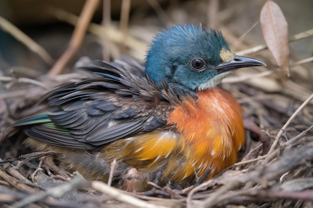 Pasgeboren vogel met blauwgele en oranje veren in zijn nest gemaakt met generatieve ai