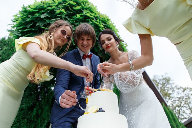 Pasgetrouwden en bruidsmeisjes hebben plezier en eten samen bruidstaart in de frisse lucht op een bruiloftsbanket.