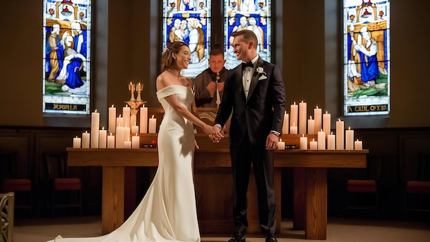 Pasgetrouwden staan met kaarsen tijdens de verlovingsceremonie in de kerk