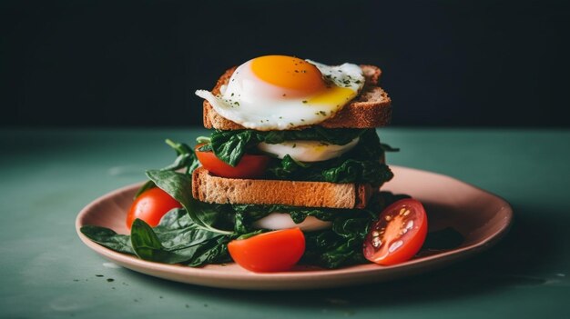 Pashot egg and salad with backed duck rucola cherry tomatoes mozzarella Generative AI