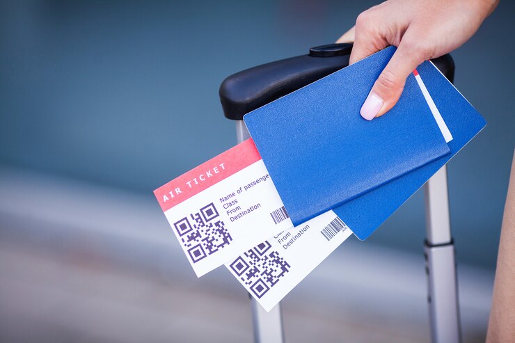 Paspoorten en tickets voor vlucht bij de hand van de vrouw