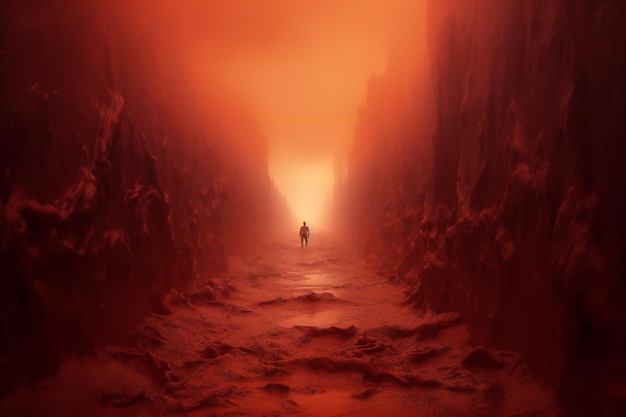 Passage through hell into the heaven in the distance surreal red tones with mist